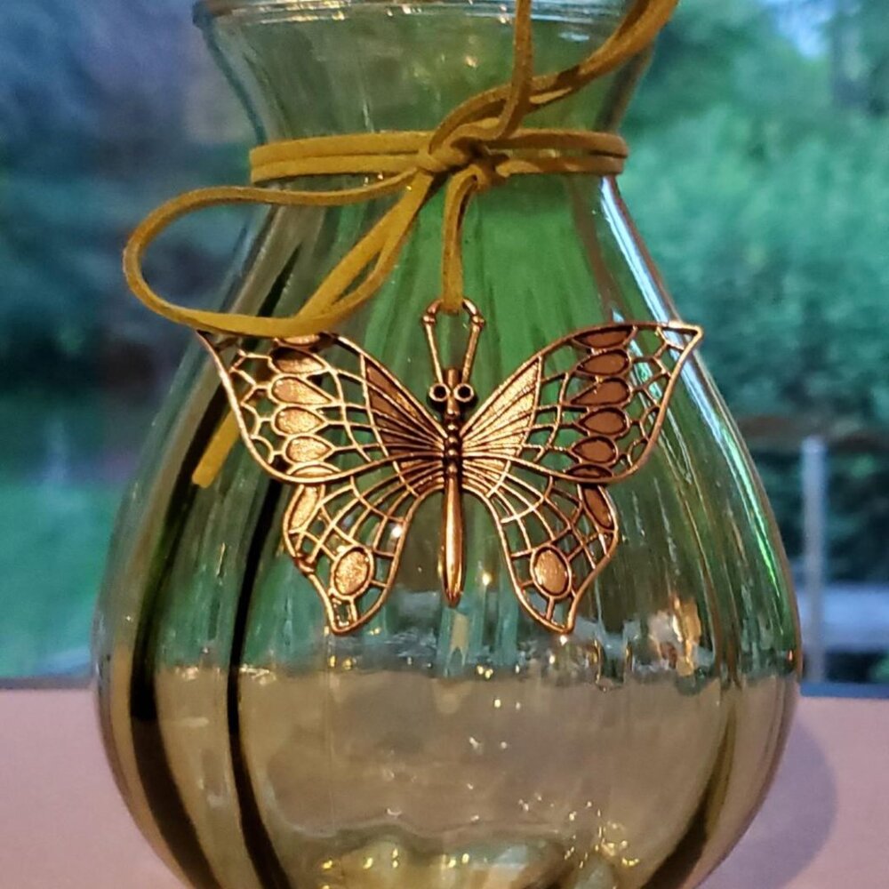 Green Glass Bulb Vase with Silver Butterfly Blinger